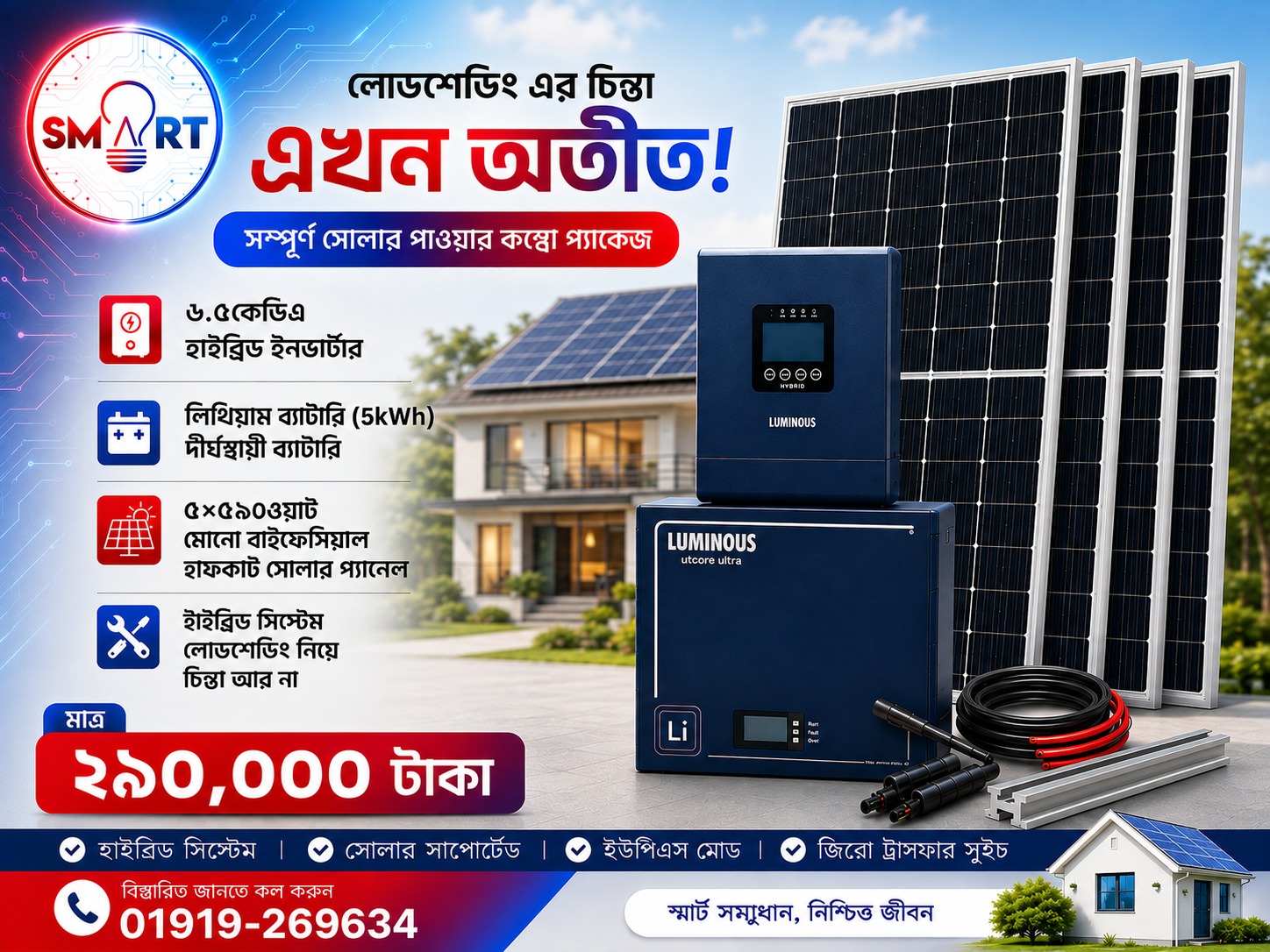 ৬ কিলো হাইব্রিড প্যাকেজ | লুমিনাস ৬.৫ কিলো ইনভার্টার | লুমিনাস ৫ কিলো লিথিয়াম ব্যাটারি | এস্ট্রোএনার্জি ৫৯০ ওয়াট প্যানেল ৫টি